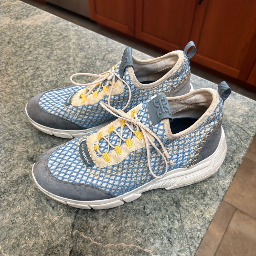 Sam Edelman knit Blue and Yellow Sneakers, size 8.5/39